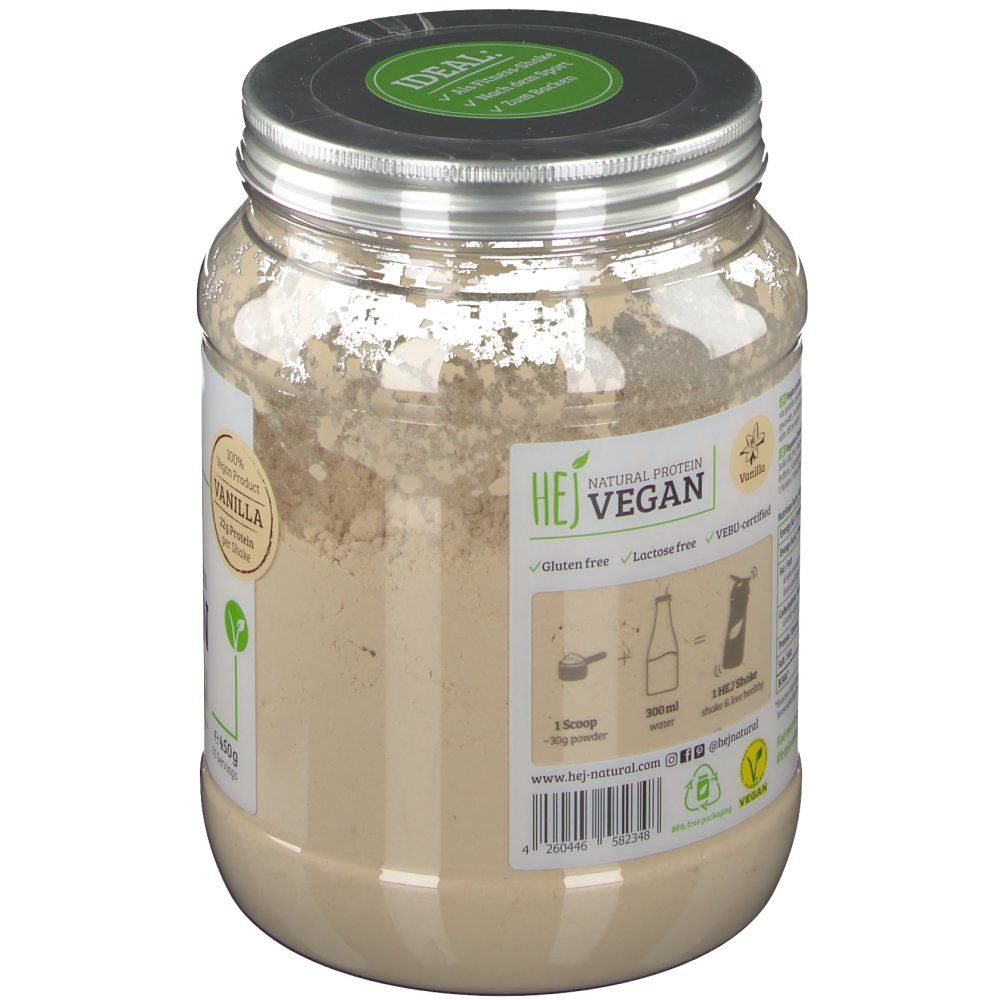 Behälter HEJ Vegan Shake Vanilla. Aufkleber mit Logo, Produktinformationen und Zubereitungshinweisen. Glutenfrei und laktosefrei.