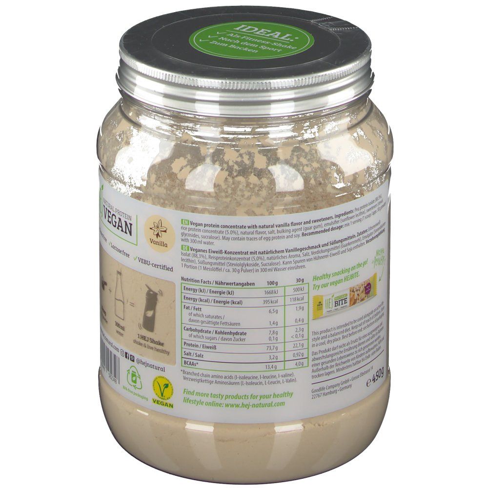 Rückseite des HEJ Vegan Shake Vanilla Behälters. Enthält Nährwertangaben, Zutatenliste und Zertifizierungen. Vegan-Siegel.