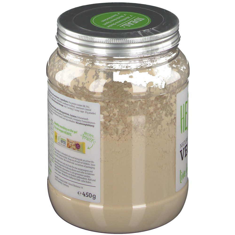 HEJ Vegan Shake Vanilla Behälter. Aufkleber mit Zutatenliste und Nährwertangaben. Vegan-Siegel und Gewichtsangabe.