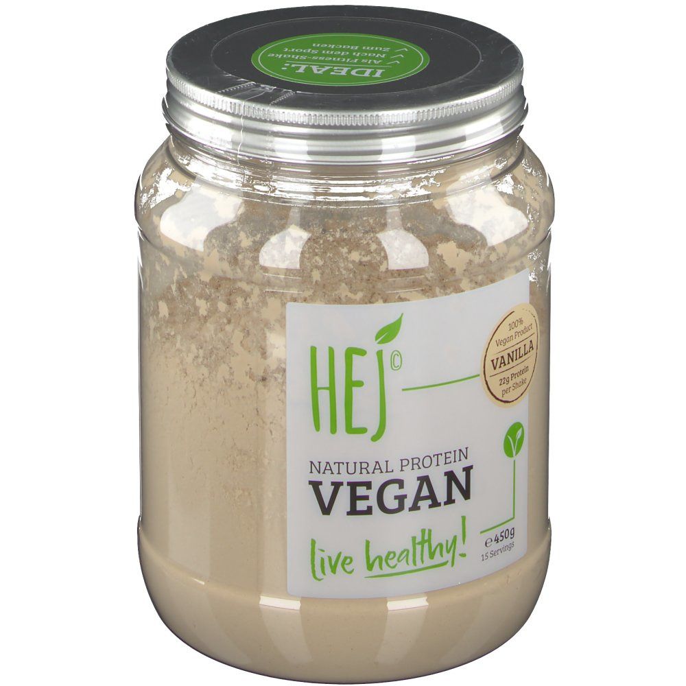 Transparenter Behälter mit HEJ Vegan Shake Vanilla. Aufkleber mit Logo, Produktname und Inhaltsangaben. 450g, 15 Portionen.
