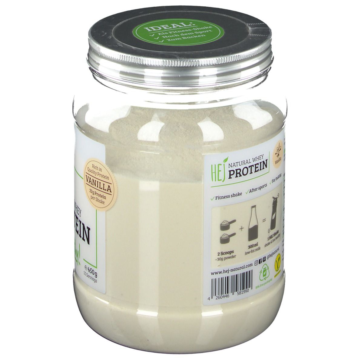 Behälter mit Vanille-Whey-Protein-Pulver. Aufschrift: HEJ, Natural Whey Protein. Anleitung zur Zubereitung eines Fitness-Shakes.