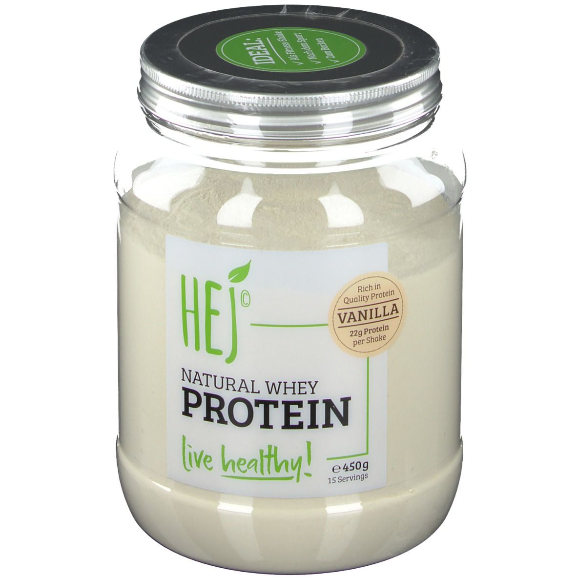 Behälter mit Vanille-Whey-Protein-Pulver. Aufschrift: HEJ, Natural Whey Protein, live healthy! 450g, 15 Portionen.
