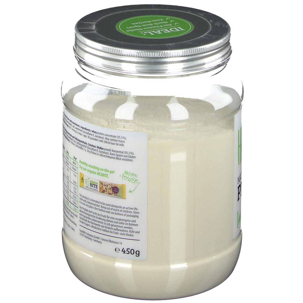 Behälter mit Vanille-Whey-Protein-Pulver. Aufschrift: HEJ, Natural Whey Protein. Nährwertangaben und Zubereitungshinweise.