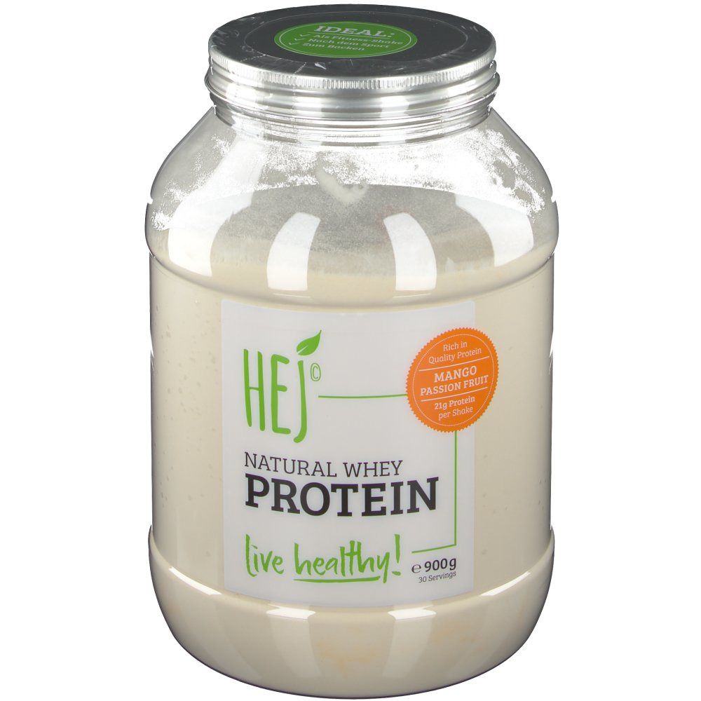 Transparenter Behälter mit HEJ Natural Whey Protein. Mango-Passionsfrucht-Aroma. Deckel mit grünem Aufdruck. 900g.