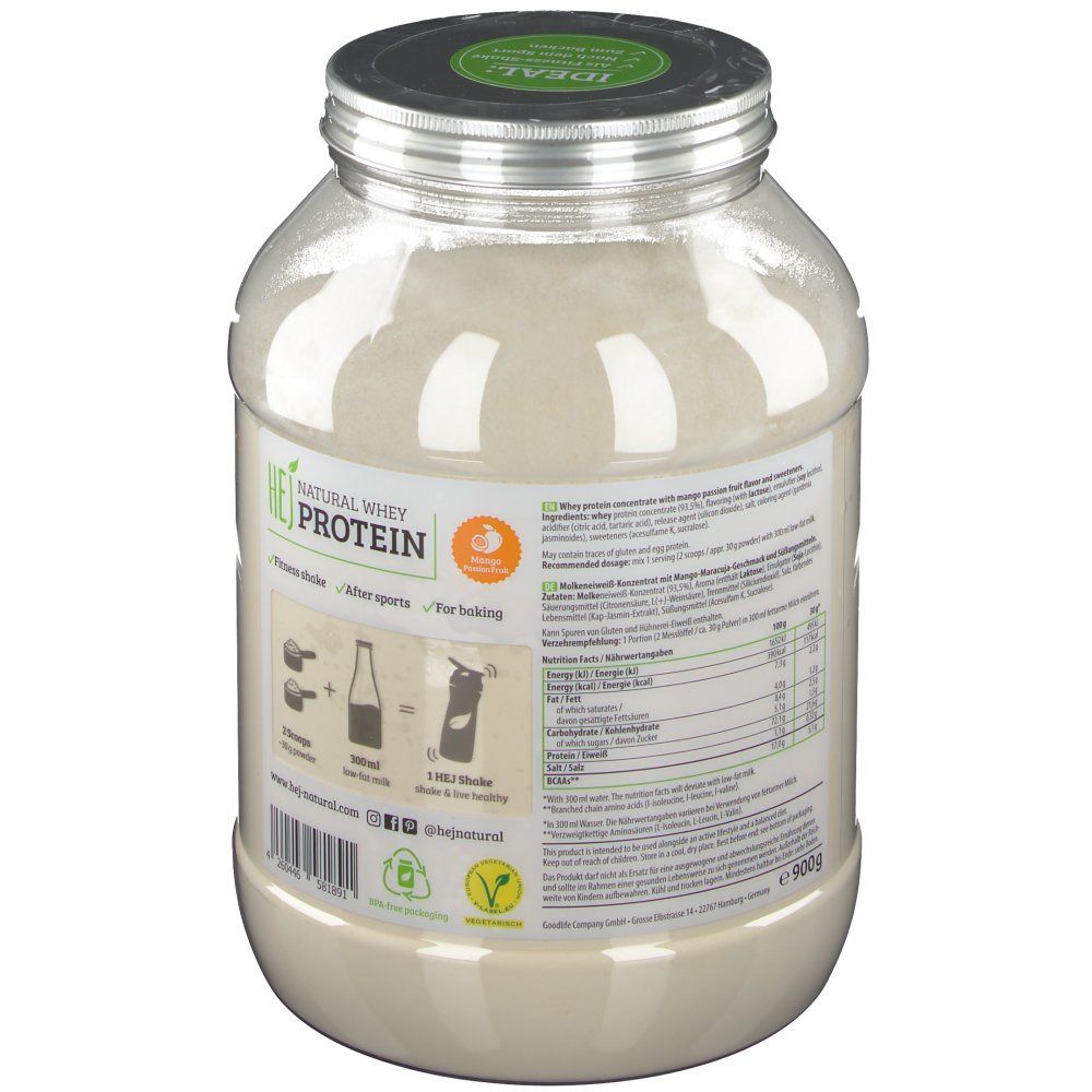 Transparenter Behälter mit HEJ Natural Whey Protein. Etikett mit Nährwertangaben und Zubereitungshinweisen. 900g.