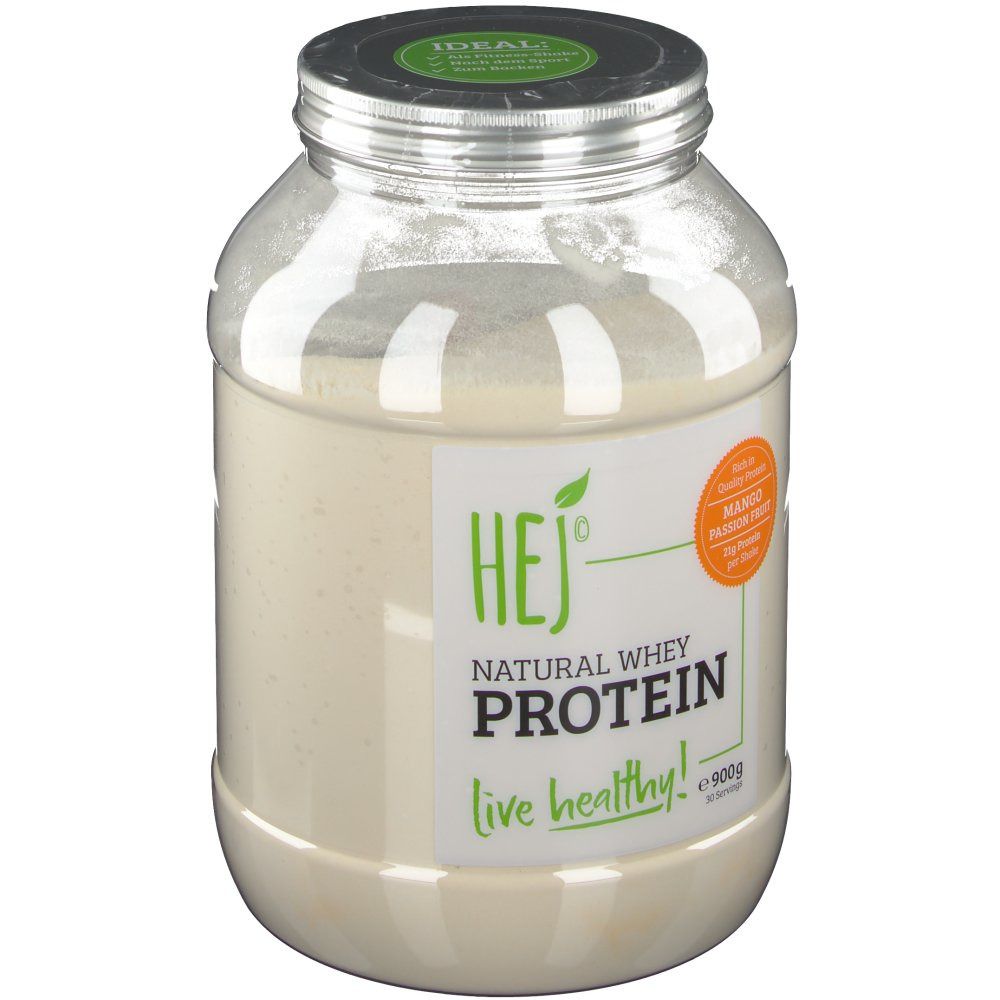 Transparenter Behälter mit HEJ Natural Whey Protein. Mango-Passionsfrucht-Aroma. Deckel mit grünem Aufdruck. 900g.