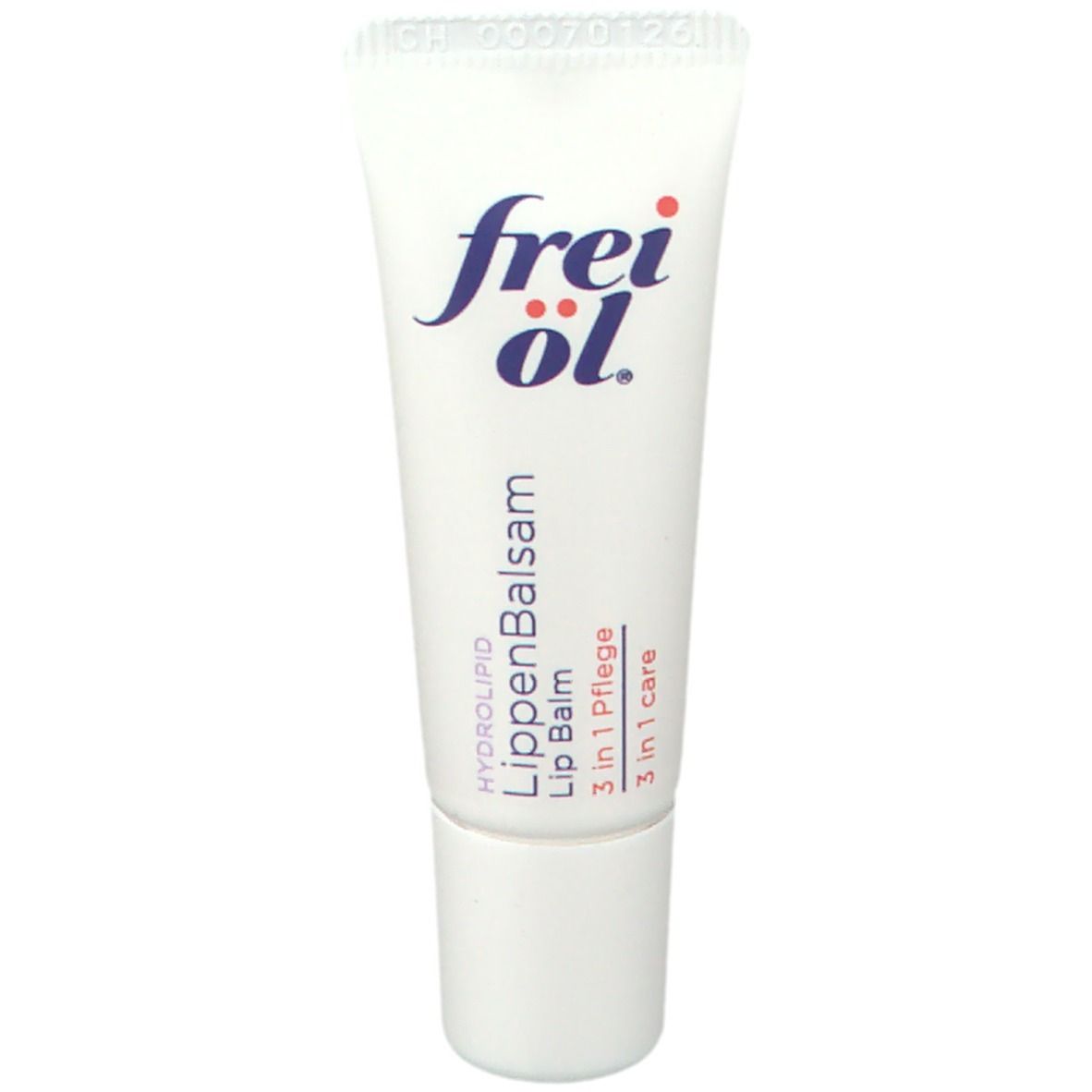 Weiße Tube mit blauem Schriftzug frei öl. Lippenbalsam-Aufschrift. 3 in 1 Pflege. Hydro Lipid.