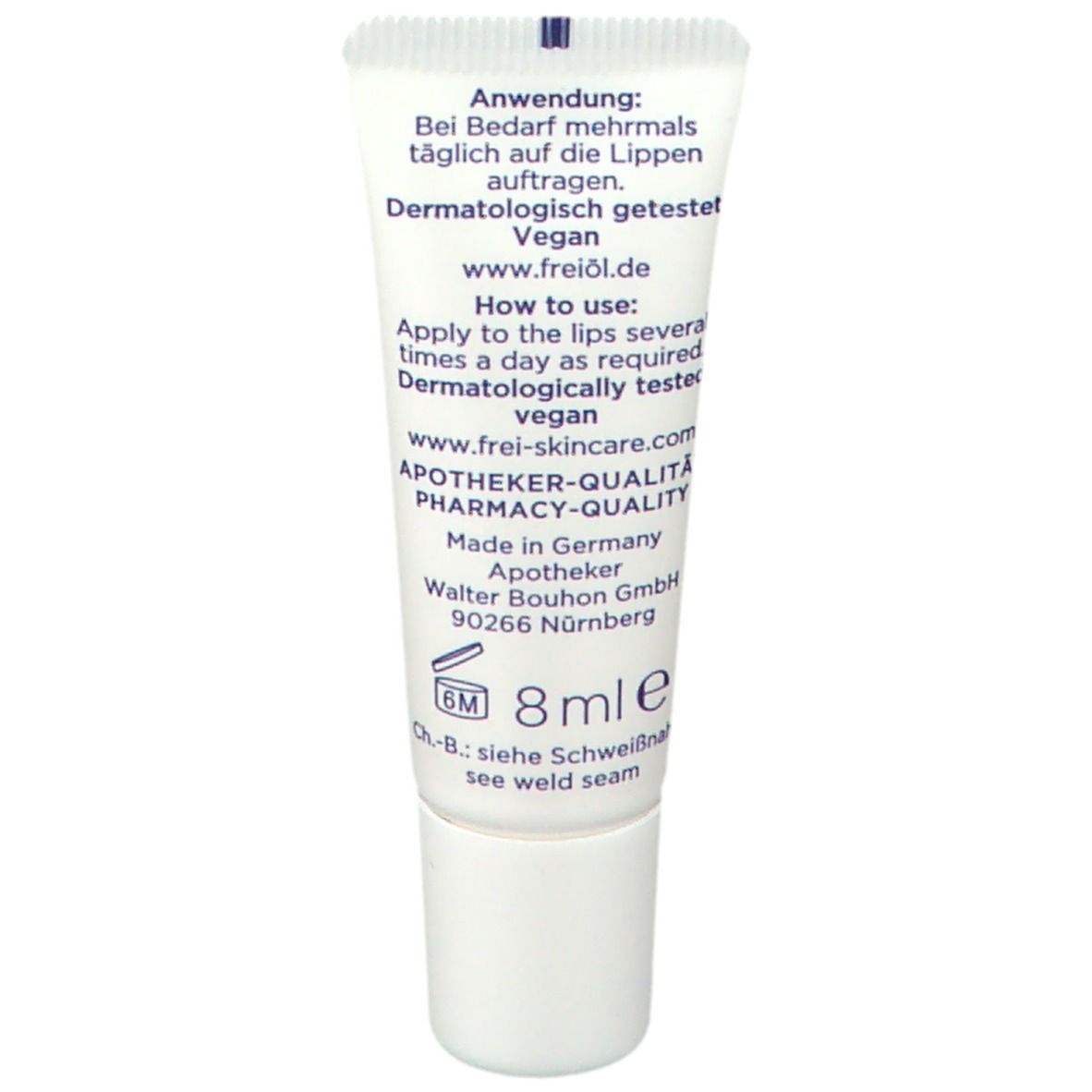 Rückseite der Tube. Text: Anwendung, dermatologisch getestet, vegan. 8 ml. Apotheker-Qualität.
