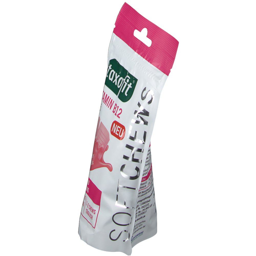 Schräg gestellte Verpackung von taxofit Soft Chews. Rosa Chews-Abbildung. Aufschrift: Vitamin B12 + B5, NEU.
