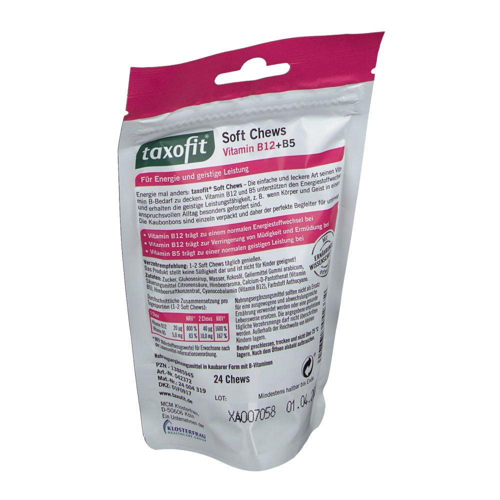 Rückseite der Verpackung von taxofit Soft Chews Vitamin B12+B5. Textinformationen und Inhaltsstoffe. 24 Chews.