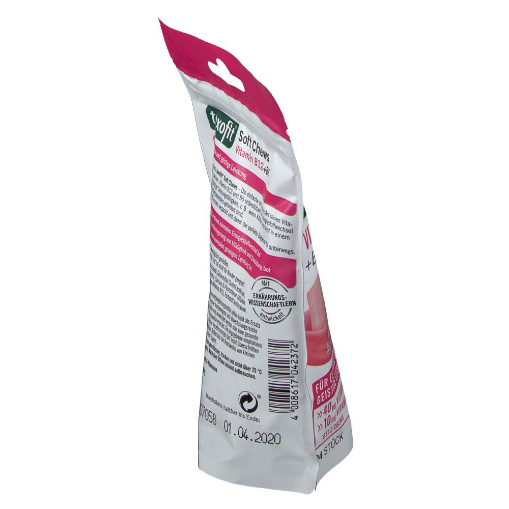 Schräg gestellte Verpackung von taxofit Soft Chews Vitamin B12+B5. Textinformationen und Inhaltsstoffe. 24 Chews.