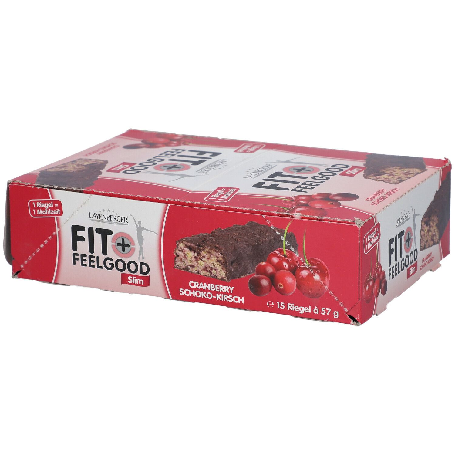 Rote Kartonverpackung mit LAYENBERGER Fit+ Feelgood Slim Riegeln. Aufdruck: Cranberry Schoko-Kirsch, 15 Riegel à 57 g.