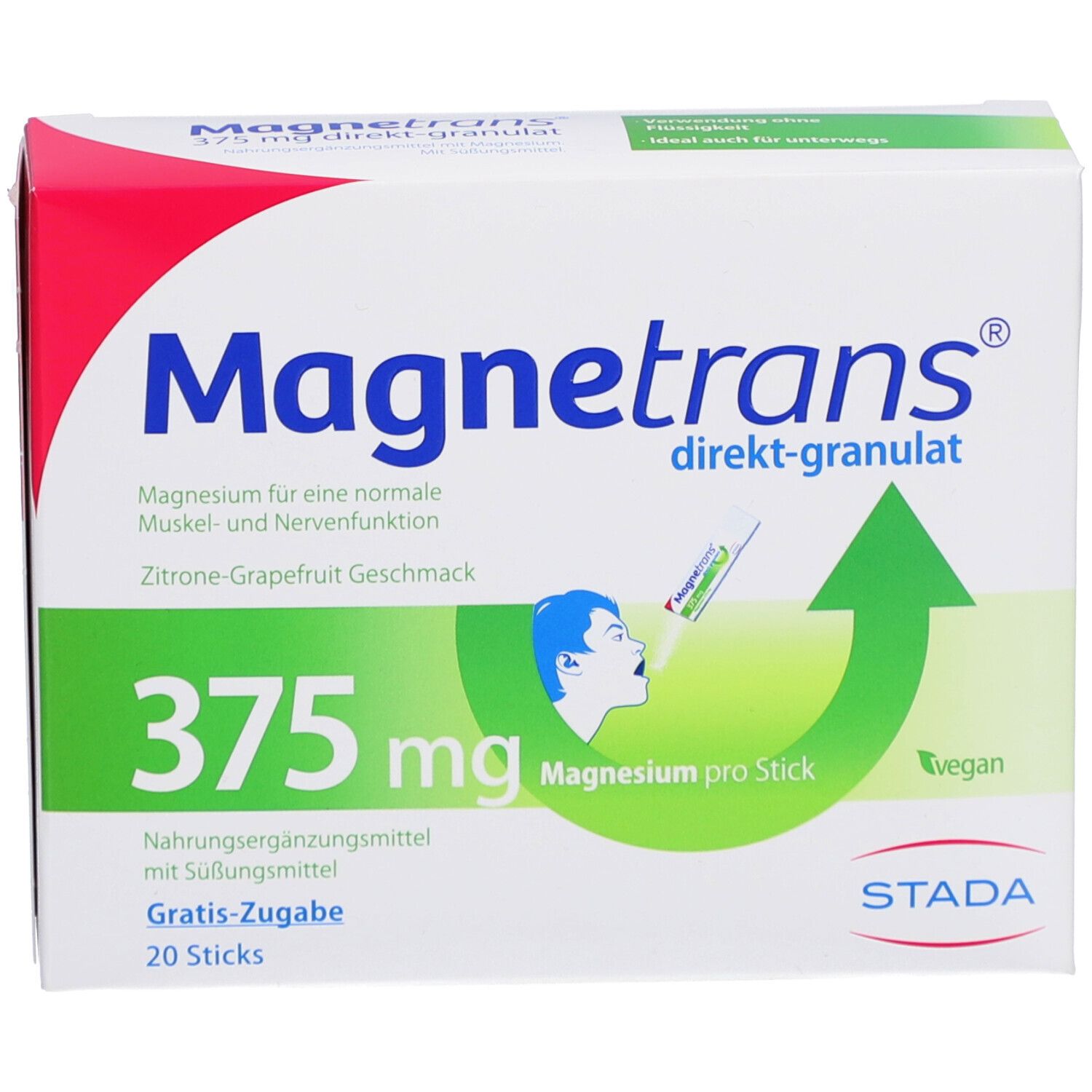 Verpackung von Magnetrans direkt-granulat. Enthält 20 Sticks. Aufschrift: 375 mg Magnesium pro Stick. Mit Zitrone-Grapefruit Geschmack. Vegan.