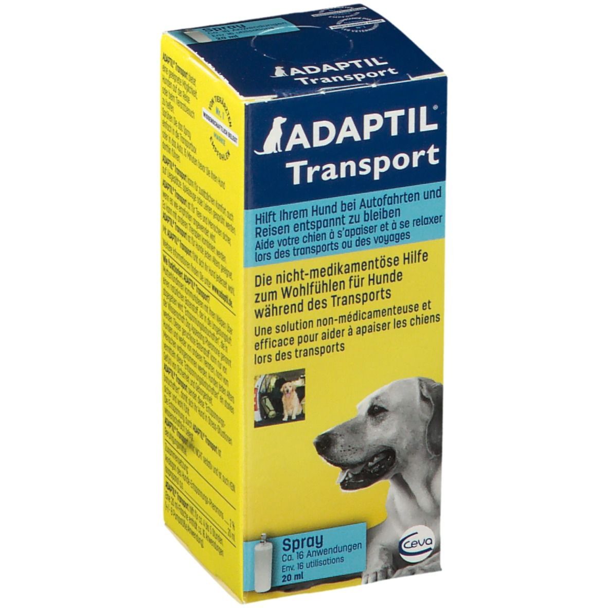 Gelbe Schachtel mit ADAPTIL Transport. Text und Hundebild. Enthält Spray. 20 ml.