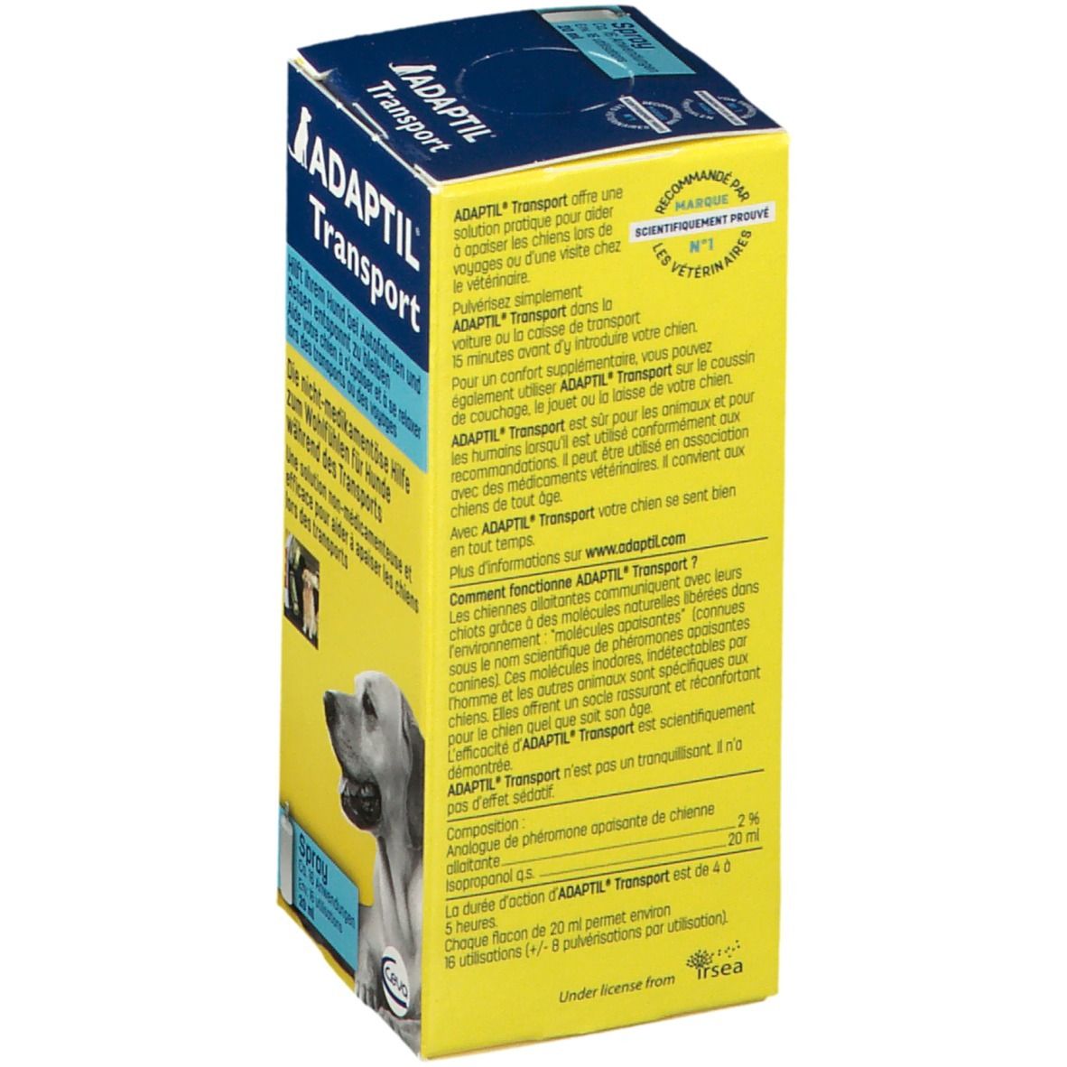 Rückseite der gelben ADAPTIL Transport-Box. Text in mehreren Sprachen. Enthält Informationen zur Anwendung.