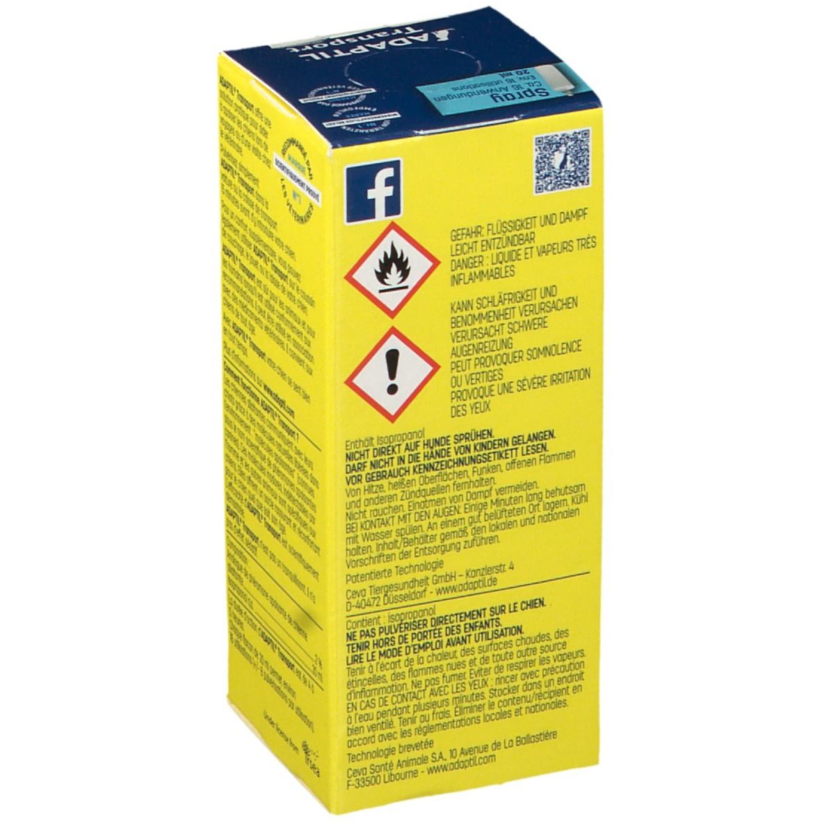 Gelbe Schachtel mit Warnsymbolen. Enthält Informationen zu Gefahren und Inhaltsstoffen. Text in mehreren Sprachen.