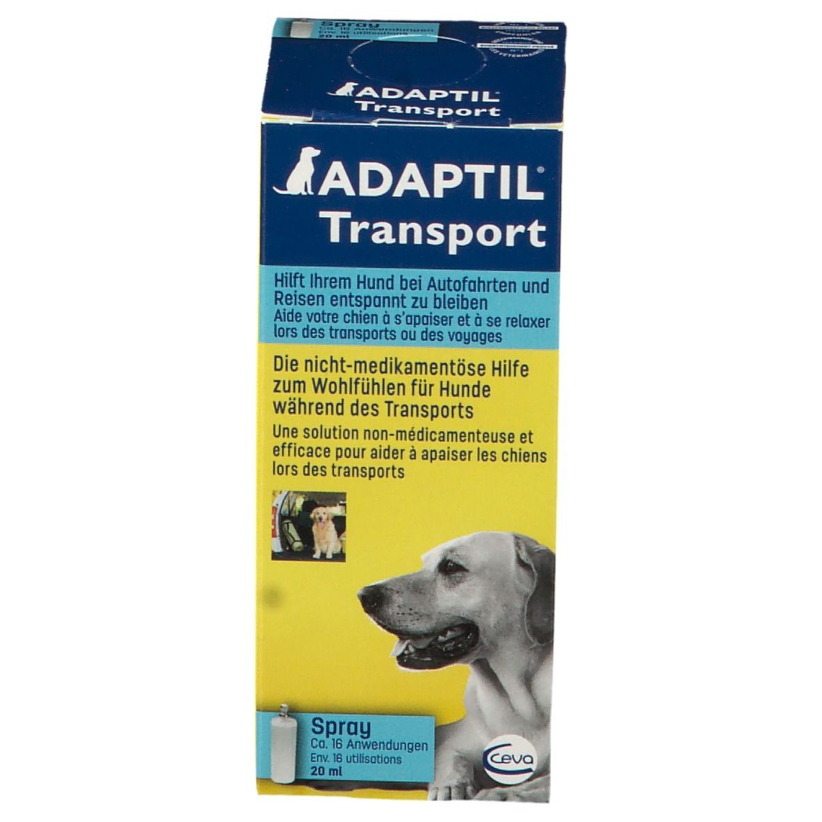 Gelbe Schachtel mit ADAPTIL Transport. Text und Hundebild. Enthält Spray. 20 ml.