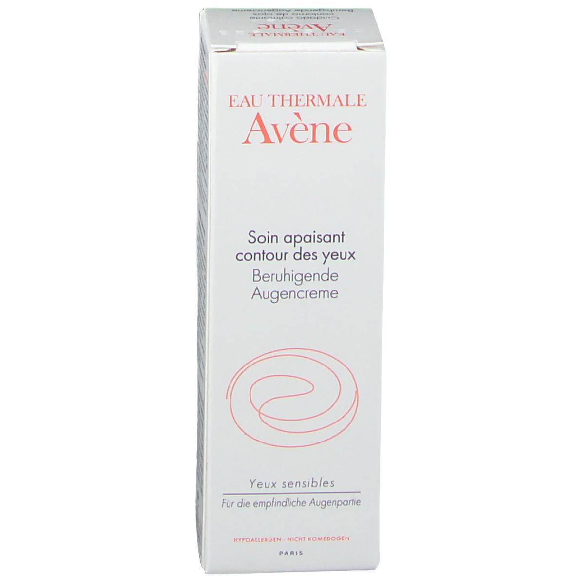 Weiße Faltschachtel mit Produktnamen und Marke. Text: Soin apaisant contour des yeux, Beruhigende Augencreme. Marke: Avène.