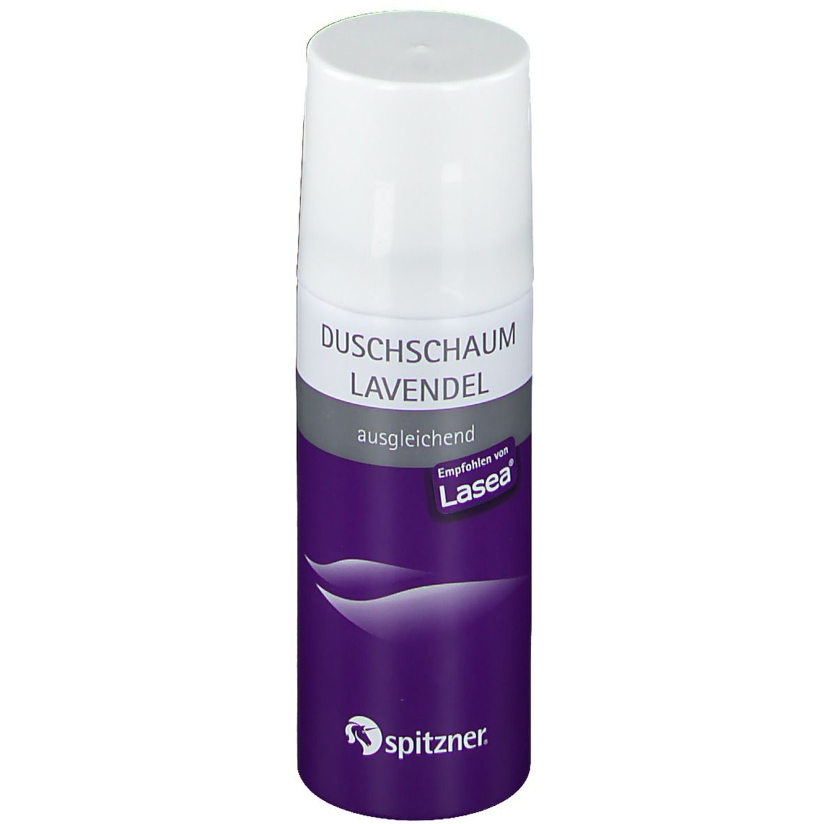Weiß-lila Sprühflasche mit Aufschrift 'Duschschaum Lavendel'. Empfohlen von Lasea. Marke Spitzner.