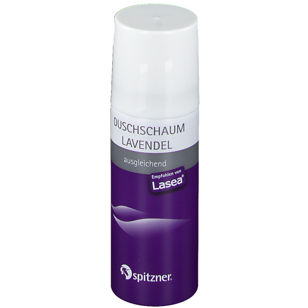 Weiß-lila Sprühflasche mit Aufschrift 'Duschschaum Lavendel'. Empfohlen von Lasea. Marke Spitzner.