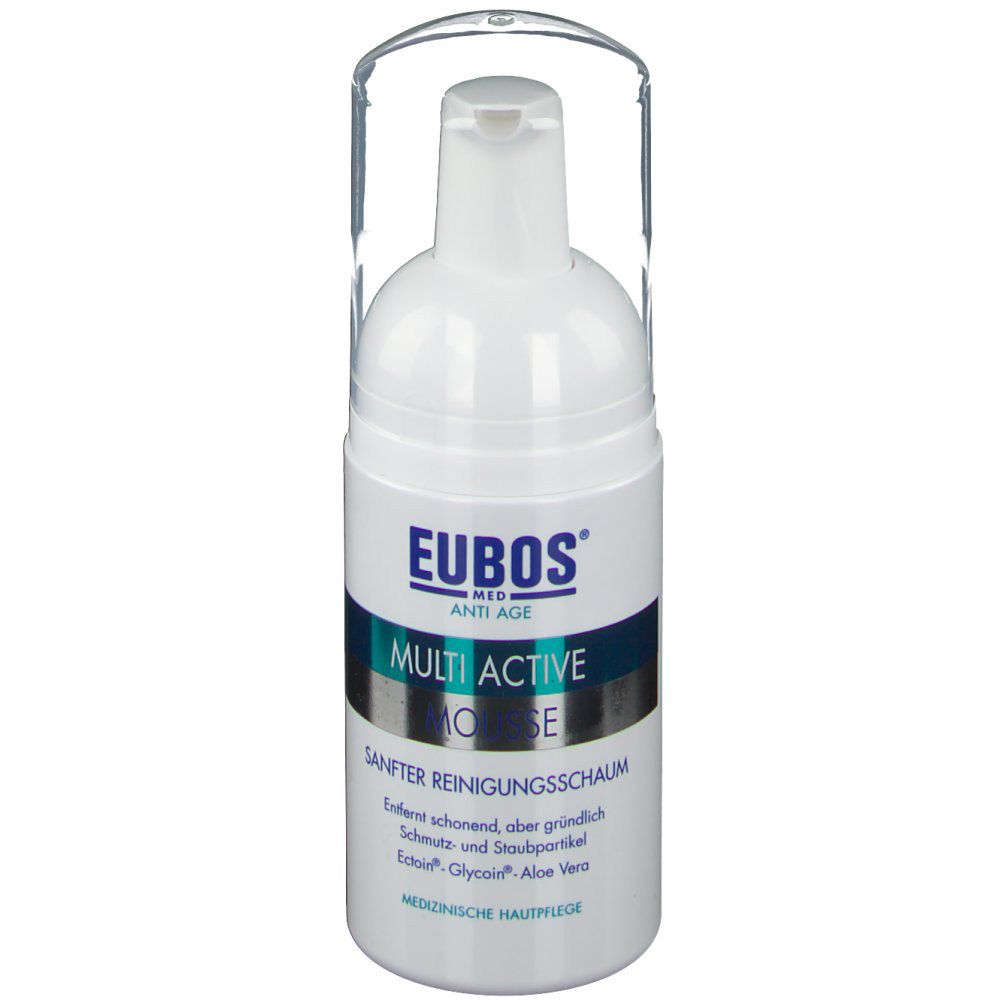 Weiße Flasche mit Sprühkopf. Aufschrift: EUBOS, ANTI AGE, MULTI ACTIVE MOUSSE. Text: Sanfter Reinigungsschaum.