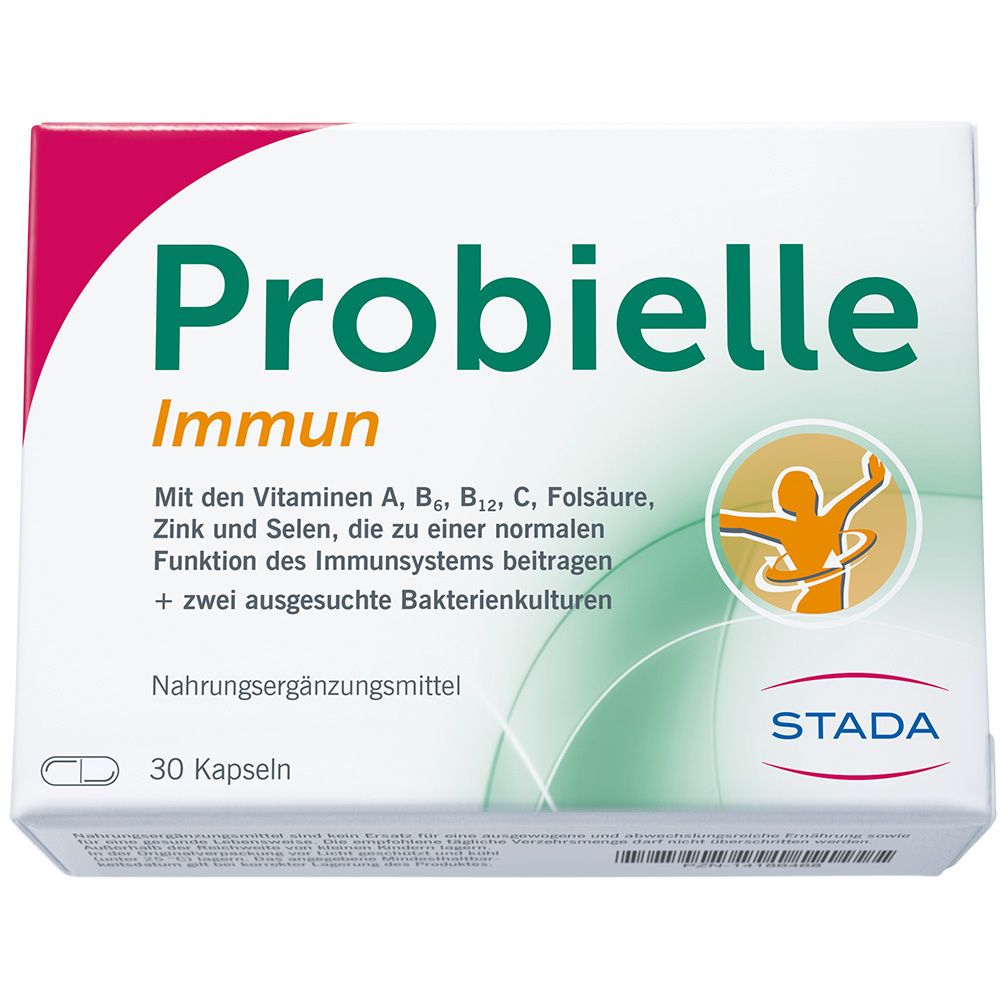 Weiße Schachtel mit "Probielle Immun"-Logo und Inhaltsangaben. Enthält 30 Kapseln. STADA-Logo unten rechts.