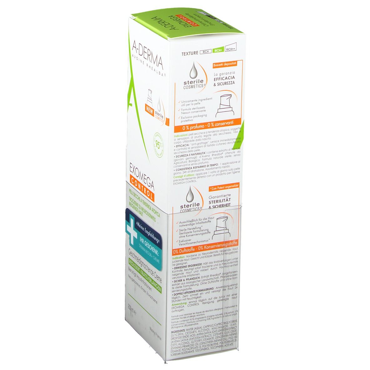 Rückseite der A-DERMA EXOMEGA CONTROL Verpackung. Text und Diagramme zeigen Produktinformationen und Merkmale.