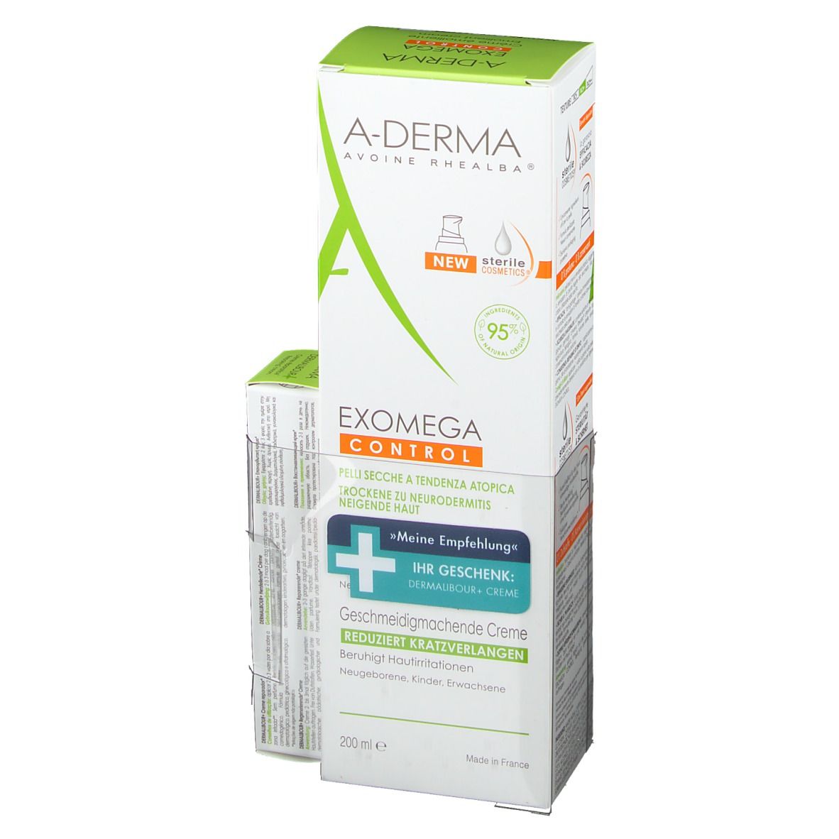 A-DERMA EXOMEGA CONTROL Creme-Verpackung. Hauptmerkmale: EXOMEGA CONTROL, Geschmeidigmachende Creme, 200 ml.