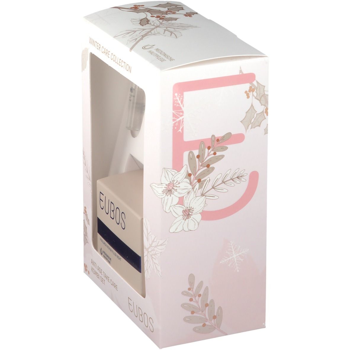 Kombi-Set-Verpackung, seitliche Ansicht. EUBOS-Logo und Produktbezeichnung. Winter Care Collection-Design.