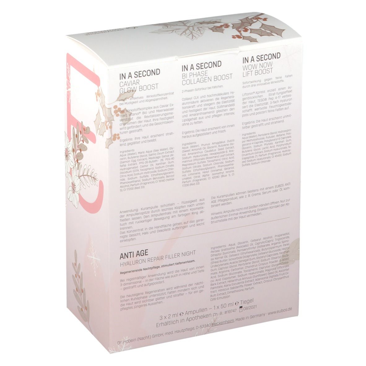 Rückseite der Kombi-Set-Verpackung. Text mit Produktinformationen und Inhaltsstoffen. EUBOS-Logo.