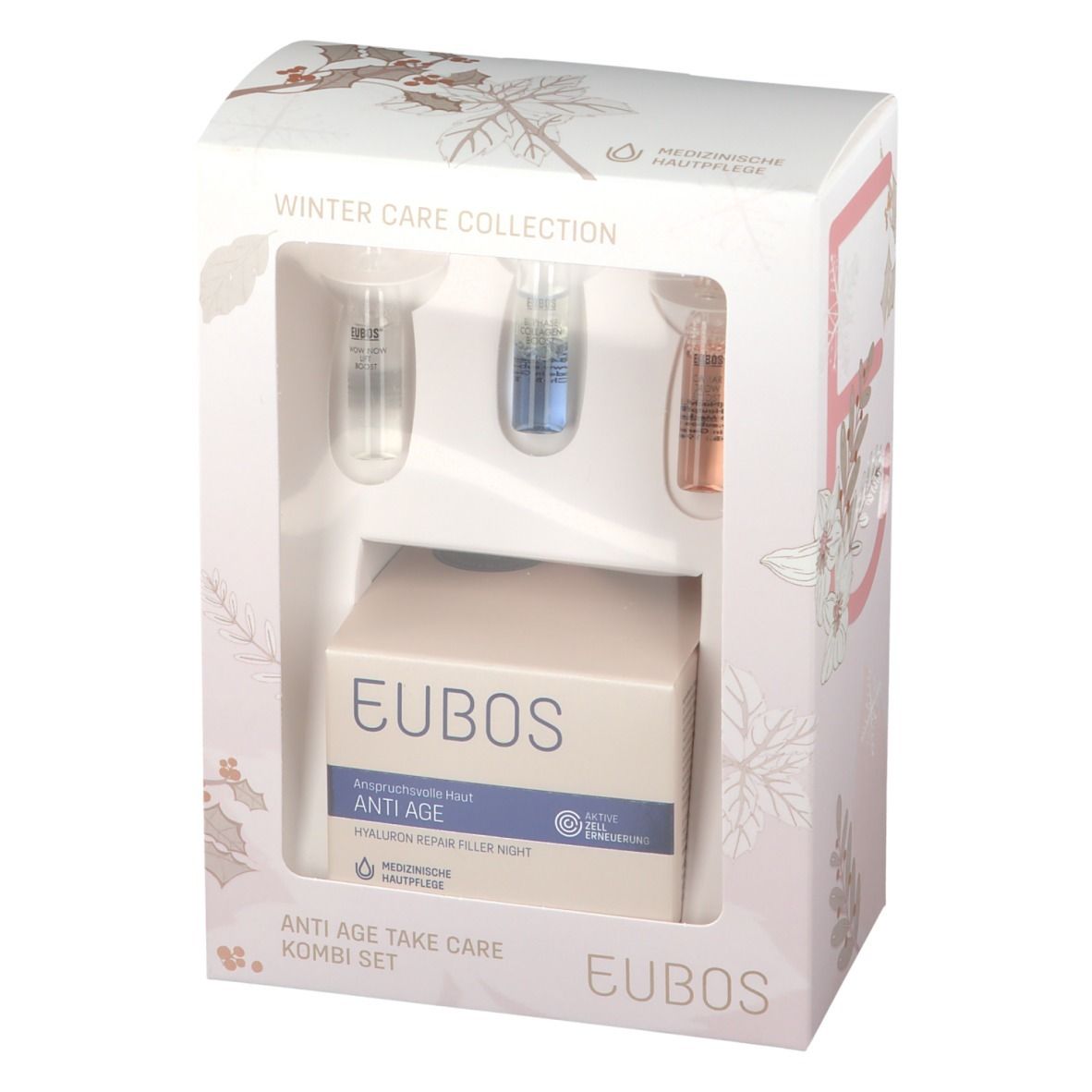 Kombi-Set mit Creme und Ampullen. EUBOS-Logo und Produktbezeichnung. Winter Care Collection-Verpackung.