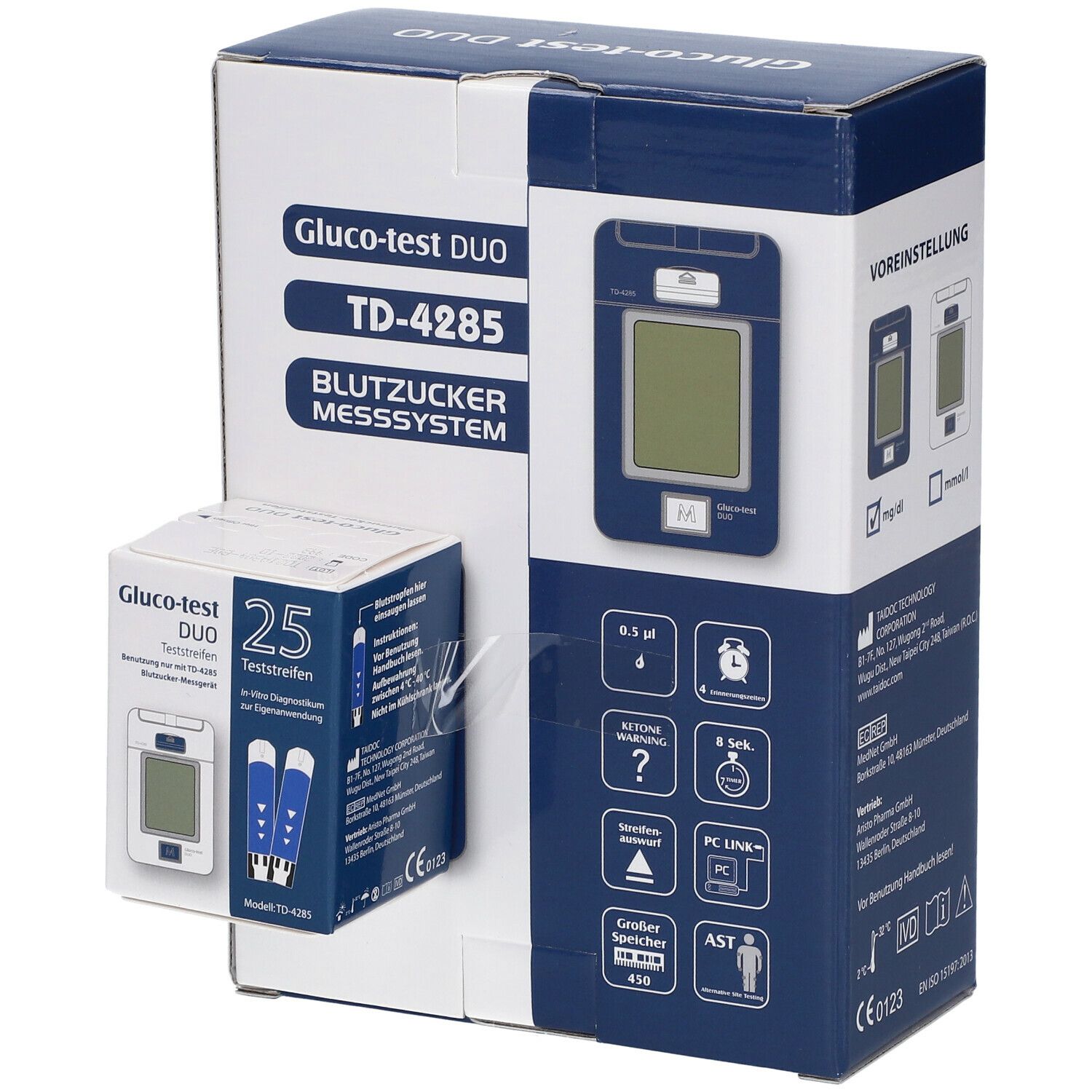 Verpackung des Blutzuckermesssystems Gluco-test DUO TD-4285. Enthält Messgerät, Teststreifen und Zubehör. Blaue und weiße Farbgebung.