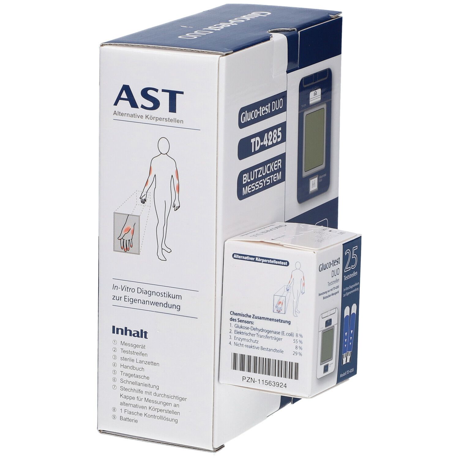Verpackung des Blutzuckermesssystems Gluco-test DUO TD-4285. Enthält Messgerät, Teststreifen und Zubehör. Blaue und weiße Farbgebung.