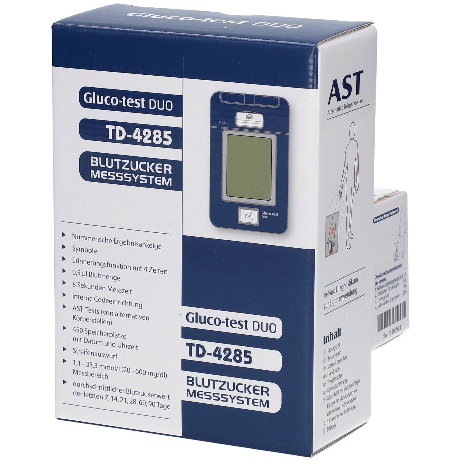 Verpackung des Blutzuckermesssystems Gluco-test DUO TD-4285. Enthält Messgerät, Teststreifen und Zubehör. Blaue und weiße Farbgebung.