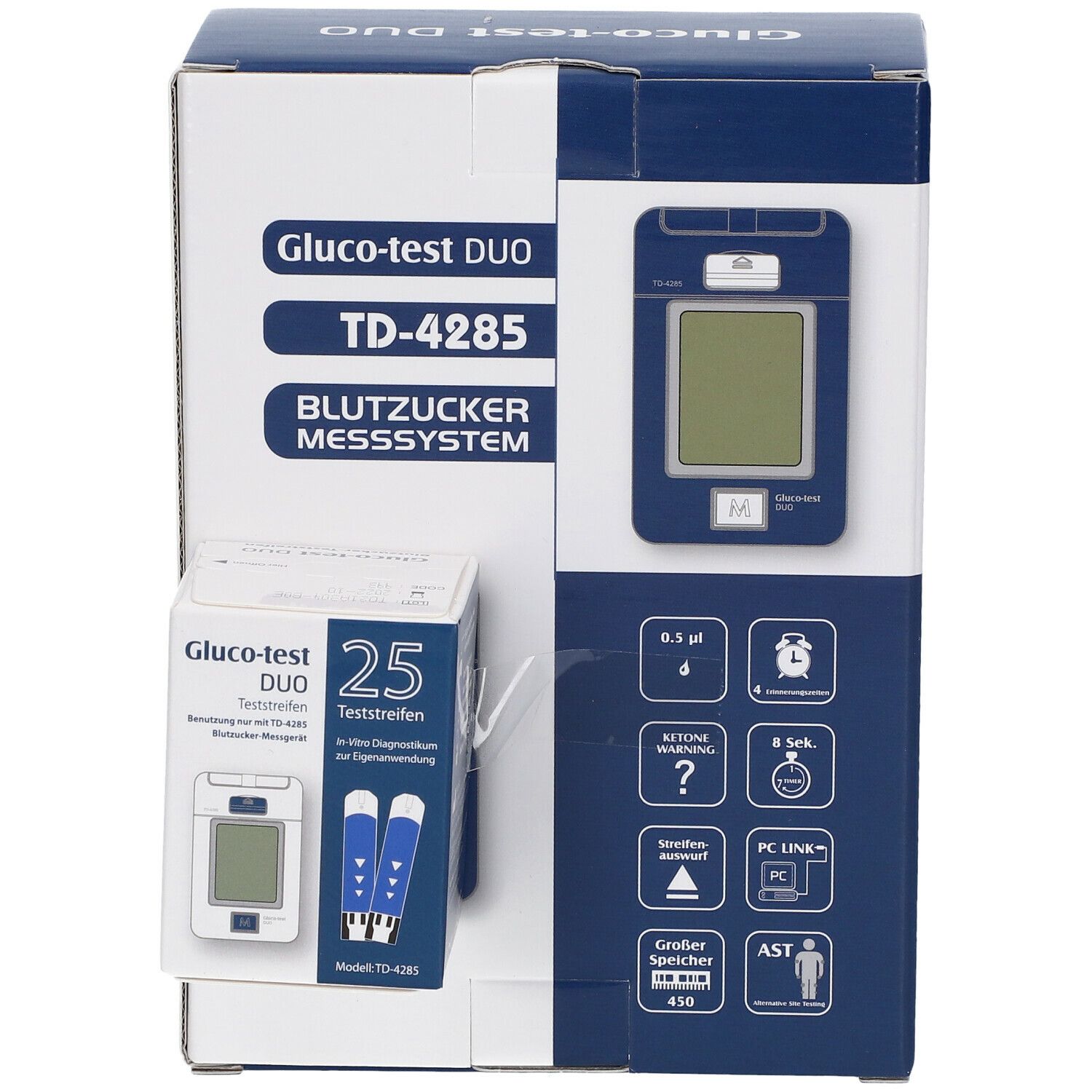Verpackung des Blutzuckermesssystems Gluco-test DUO TD-4285. Enthält Messgerät, Teststreifen und Zubehör. Blaue und weiße Farbgebung.