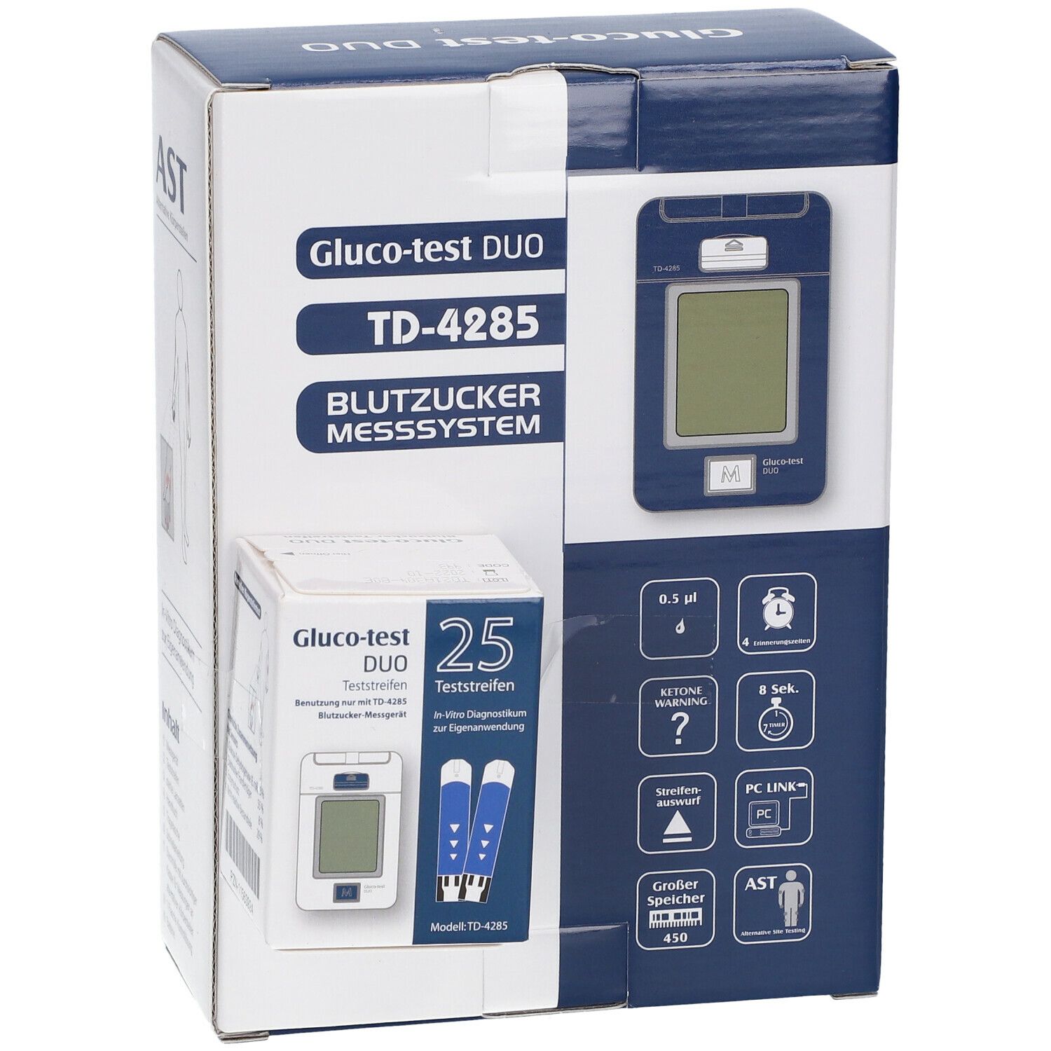 Verpackung des Blutzuckermesssystems Gluco-test DUO TD-4285. Enthält Messgerät, Teststreifen und Zubehör. Blaue und weiße Farbgebung.