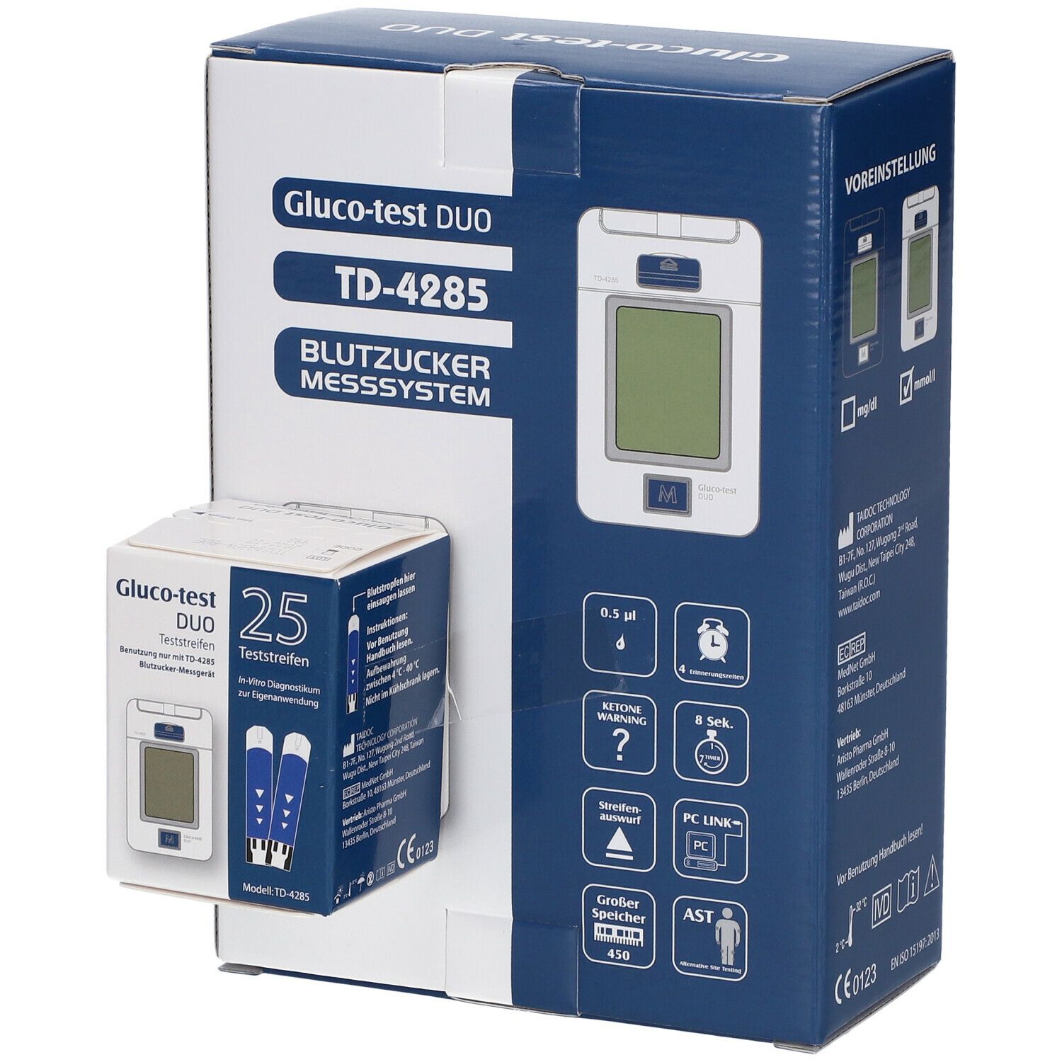 Blutzuckermesssystem Gluco-test DUO TD-4285. Box mit Messgerät und Teststreifen. Kleinerer Karton mit 25 Teststreifen. Blaue und weiße Verpackung.