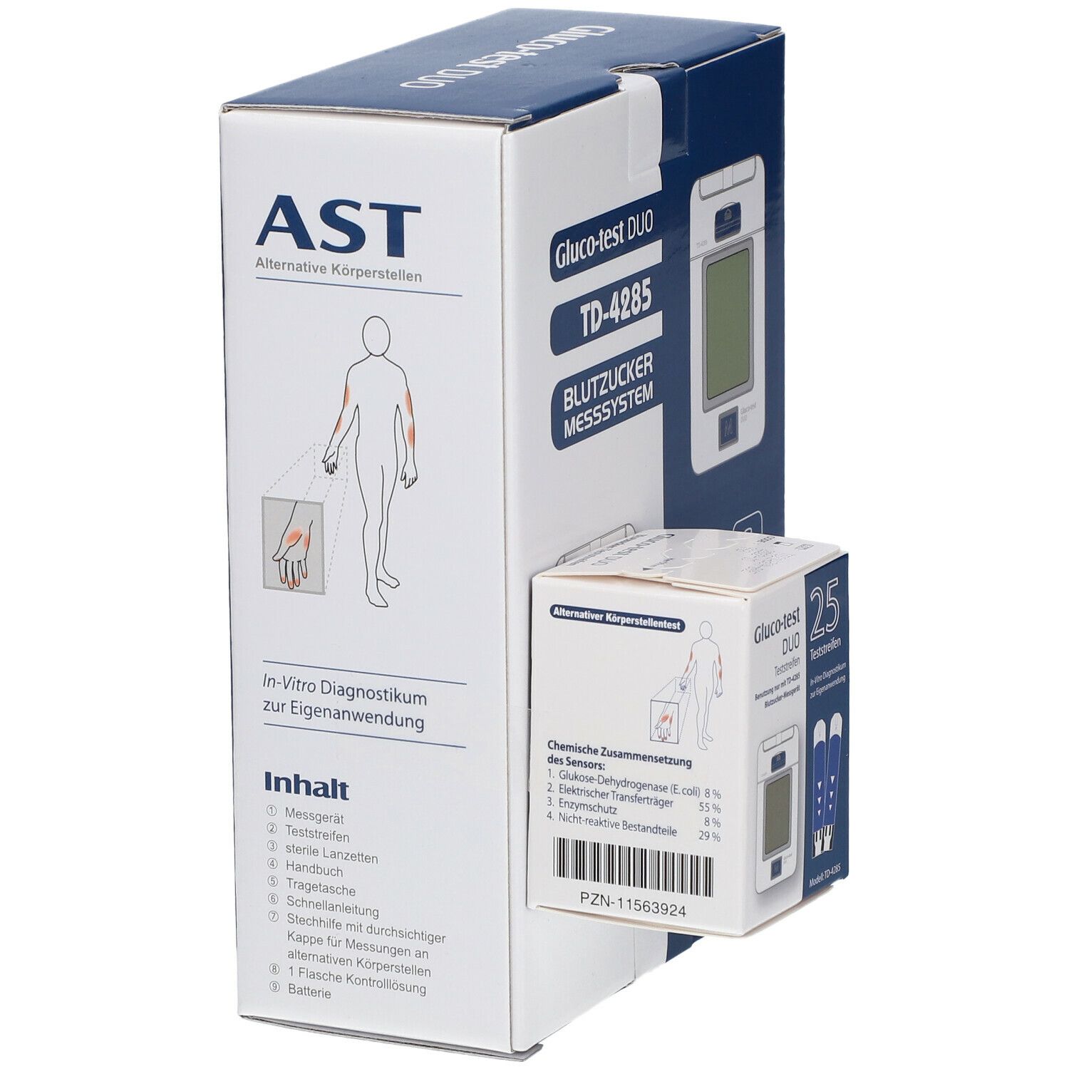 Verpackung des Blutzuckermesssystems Gluco-test DUO TD-4285. Enthält Messgerät, Teststreifen und Zubehör. Verpackung mit Informationen zur alternativen Körperstellen.