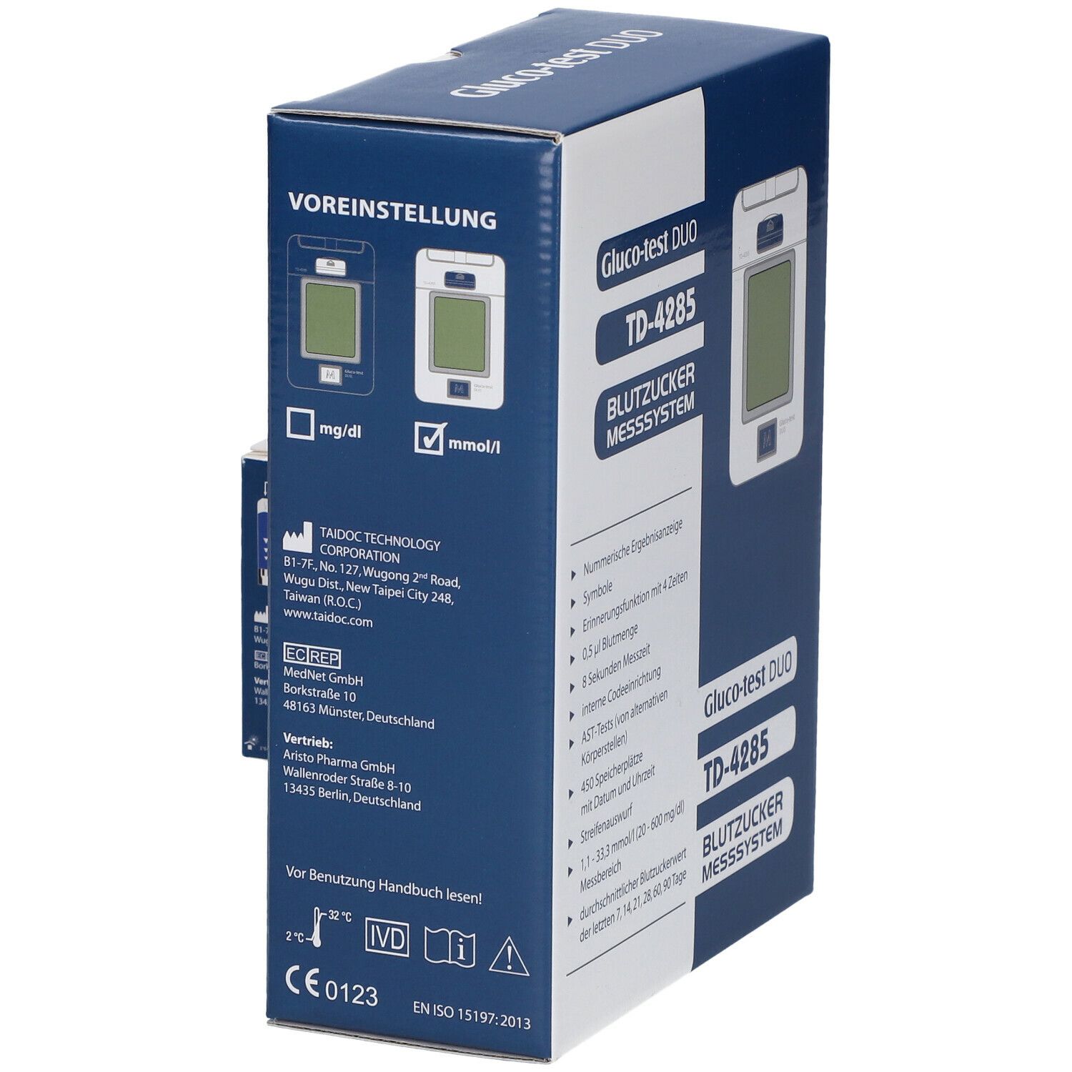 Rückseite der Verpackung des Blutzuckermesssystems Gluco-test DUO TD-4285. Enthält Informationen und Symbole. Blaue und weiße Verpackung mit Produktinformationen.