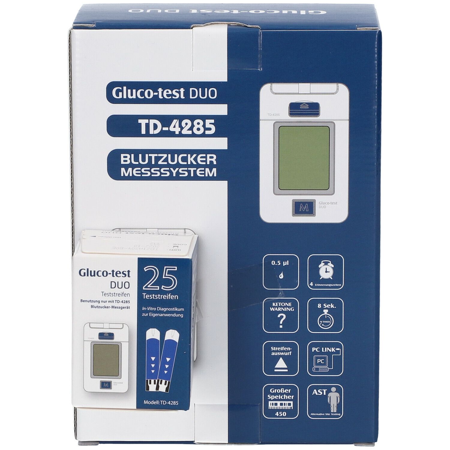 Blutzuckermesssystem Gluco-test DUO TD-4285. Box mit Messgerät und Teststreifen. Kleinerer Karton mit 25 Teststreifen. Blaue und weiße Verpackung.