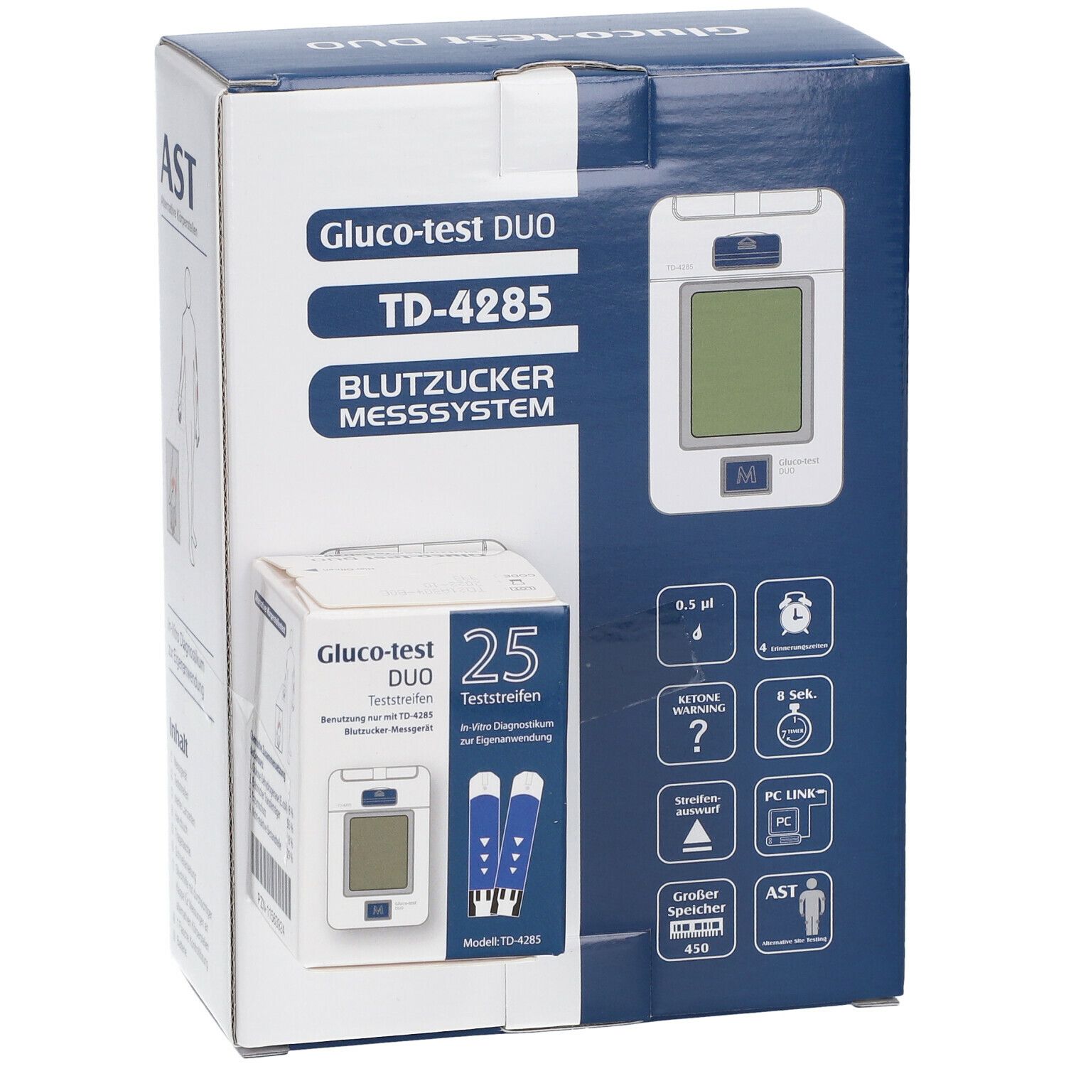 Blutzuckermesssystem Gluco-test DUO TD-4285. Box mit Messgerät und Teststreifen. Kleinerer Karton mit 25 Teststreifen. Blaue und weiße Verpackung.