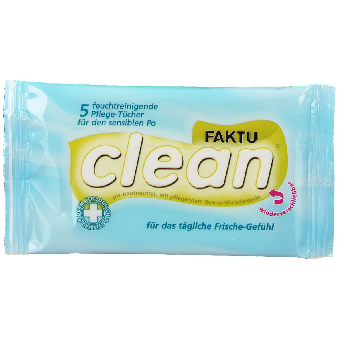 Packung mit 5 feuchtreinigenden Pflegetüchern. Aufschrift: FAKTU clean, für den sensiblen Po. Mit wiederverschließbarem Verschluss.