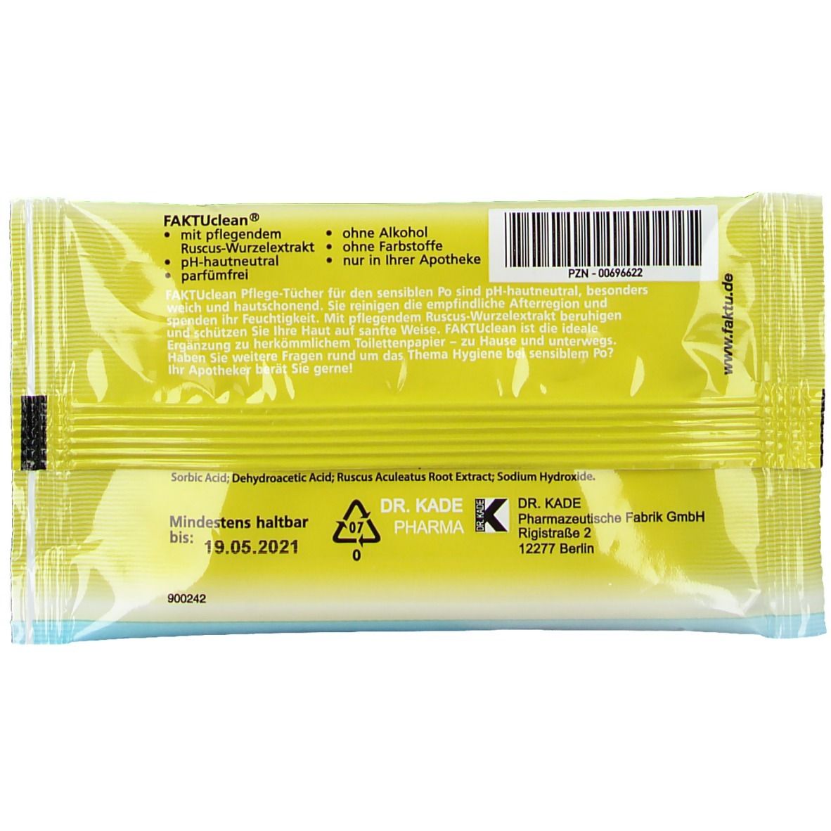 Rückseite der Packung mit Produktinformationen. Text: FAKTUclean, ohne Alkohol, ohne Farbstoffe, pH-hautneutral. Mindestens haltbar bis 19.05.2021.