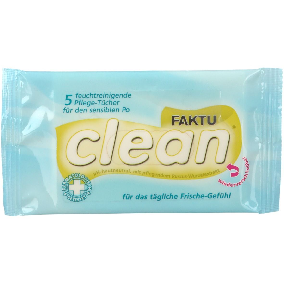 Packung mit 5 feuchtreinigenden Pflegetüchern. Aufschrift: FAKTU clean, für den sensiblen Po. Mit wiederverschließbarem Verschluss.