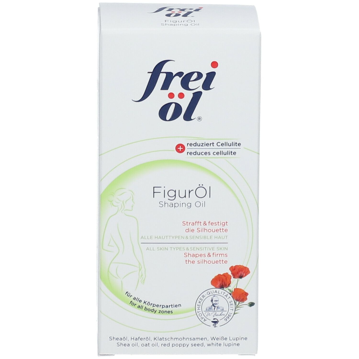 Weißer Karton mit Produktinformationen. Aufschrift: frei öl FigurÖl. Enthält Informationen zu Cellulite-Reduzierung und Hautstraffung.