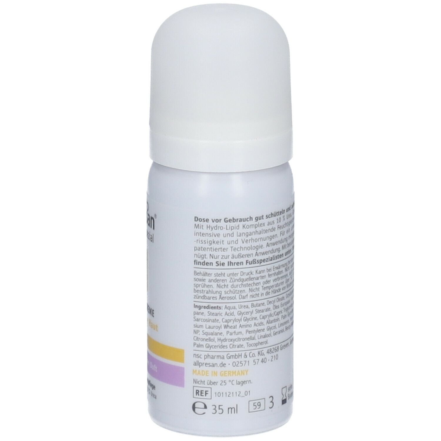 Weiße Sprühflasche, Rückseite mit Text. Herstellerangaben, Inhaltsstoffe, Volumen 35 ml. Warnhinweis: leicht entzündlich.