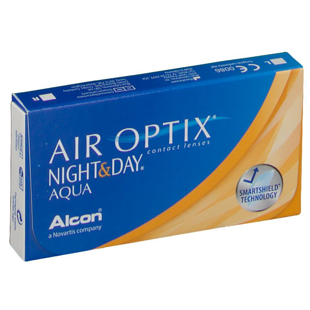Blau-orange Verpackung. AIR OPTIX NIGHT&DAY AQUA Kontaktlinsen. Alcon Logo. SmartShield Technologie.