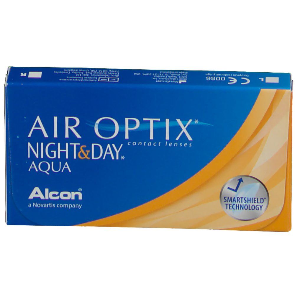 Blau-orange Verpackung. AIR OPTIX NIGHT&DAY AQUA Kontaktlinsen. Alcon Logo. SmartShield Technologie.