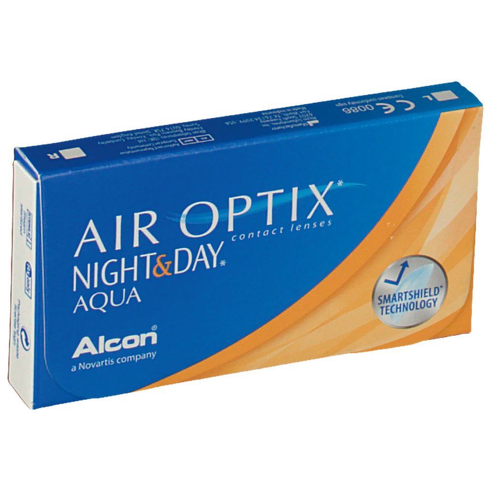 Blau-orange Verpackung mit AIR OPTIX NIGHT&DAY AQUA Kontaktlinsen. Alcon Logo. Smartshield Technologie.