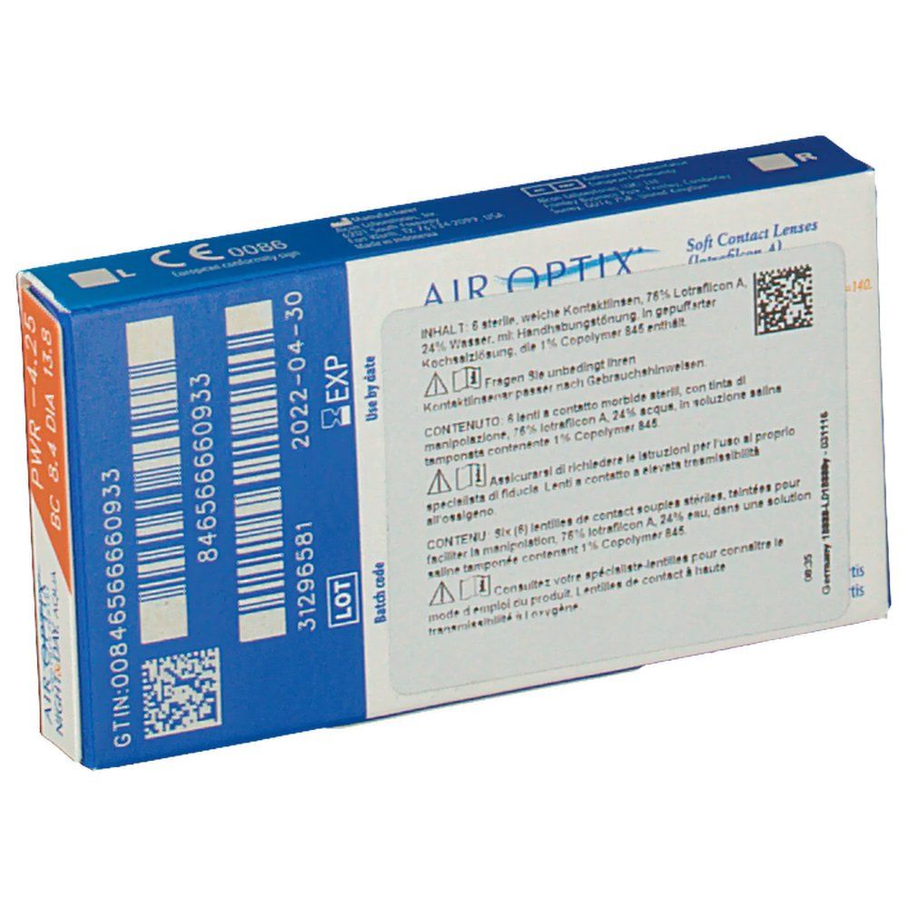 Rückseite der Verpackung. AIR OPTIX NIGHT&DAY AQUA. Text in Deutsch, Italienisch, QR-Code, Verfallsdatum.